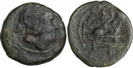 Post semilibral series. AE Uncia, c. 215-212 BC. Obv. Head of Roma right, wearing Attic helmet; behind, pellet. Rev. ROMA. Prow right; below, pellet. ...