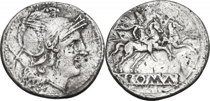 Anonymous. AR Denarius, 214-213 BC. Obv. Helmeted head of Roma right; behind, X....