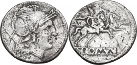 Anonymous. AR Denarius, 214-213 BC. Obv. Helmeted head of Roma right; behind, X. Rev. The Dioscuri galloping right; in exergue, ROMA partially incuse ...