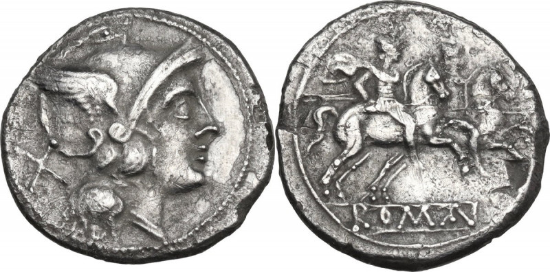 Anonymous. AR Denarius, after 211 BC. Obv. Helmeted head of Roma right; behind, ...