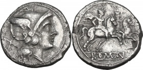 Anonymous. AR Denarius, after 211 BC. Obv. Helmeted head of Roma right; behind, X. Rev. The Dioscuri galloping right; below, ROMA in linear frame. Cr....