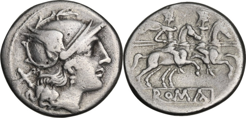 Anonymous. AR Denarius, after 211 BC. Obv. Helmeted head of Roma right; behind, ...