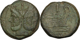 Sextantal series. AE As, after 211 BC. Obv. Laureate head of Janus; above, I. Rev. Prow right; above, I; below, ROMA. Cr. 56/2. AE. 28.28 g. 33.00 mm....