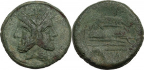 Sextantal series. AE As, after 211 BC. Obv. Laureate head of Janus; above, I. Rev. Prow right; above, I; below, ROMA. Cr. 56/2. AE. 29.56 g. 32.00 mm....