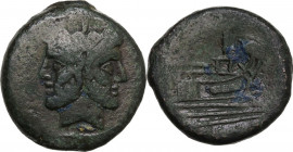 Sextantal series. AE As, after 211 BC. Obv. Laureate head of Janus; above, I. Rev. Prow right; above, I; below, ROMA. Cr. 56/2. AE. 36.26 g. 34.00 mm....