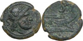 Sextantal series. AE Semis, after 211 BC. Obv. Laureate head of Saturn right; behind, S. Rev. Prow right; above, S; below, ROMA. Cr. 56/3. AE. 11.76 g...