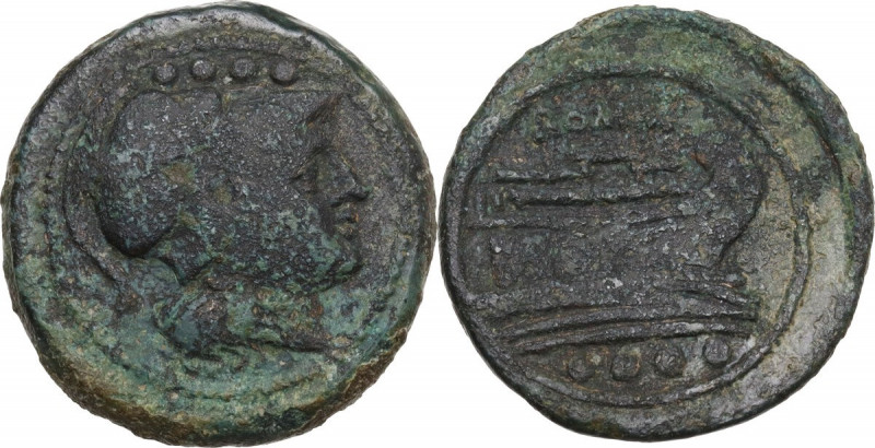 Sextantal series. AE Triens, after 211 BC. Obv. Helmeted head of Minerva right; ...