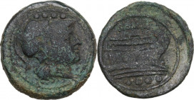 Sextantal series. AE Triens, after 211 BC. Obv. Helmeted head of Minerva right; above, four pellets. Rev. Prow right; above, ROMA; below, four pellets...