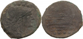Sextantal series. AE Triens, after 211 BC. Obv. Helmeted head of Minerva right; above, four pellets. Rev. Prow right; above, ROMA; below, four pellets...