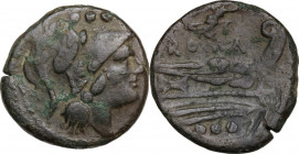 Victory series. AE Triens (light series) 211-208 BC, Central Italy. Obv. Helmeted head of Minerva right; above, four pellets. Rev. ROMA. Prow right; a...