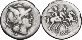 Rostrum Tridens (first) series. AR Denarius, c. 211-208 BC, Central Italy. Obv. Helmeted head of Roma right; behind, X. Rev. The Dioscuri galloping ri...