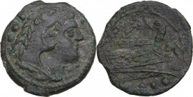 CA series. AE Quadrans, Canusium mint, 206-195 BC. Obv. Head of Hercules right, three pellets behind. Rev. Prow right; before, CA and below, three pel...