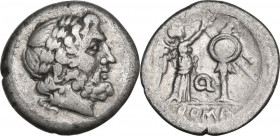 Q series. AR Victoriatus, 211-210 BC, Apulia (?). Obv. Laureate head of Jupiter right. Rev. Victory crowning trophy; between, Q; in exergue, ROMA. Cr....