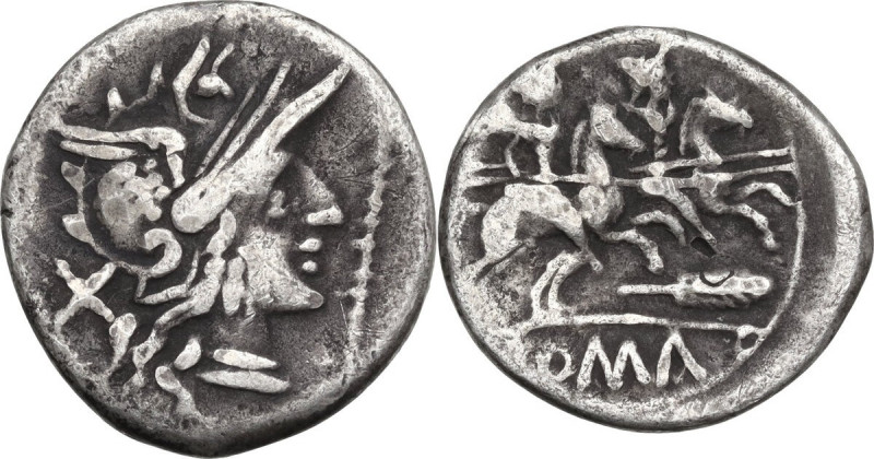 Staff and feather series. AR Denarius, c. 206-200 BC. Obv. Helmeted head of Roma...