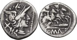 Staff and feather series. AR Denarius, c. 206-200 BC. Obv. Helmeted head of Roma right; behind, X; before, staff. Rev. The Dioscuri galloping right; b...