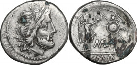 ME series. Fourrée Victoriatus, 194-190 BC. Obv. Laureate head of Jupiter right. Rev. Victoria standing right, crowning trophy; between, ME monogram. ...