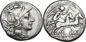 Sex Atilius Saranus. AR Denarius, 155 BC. Obv. Helmeted head of Roma right; behind, X. Rev. Victory in prancing biga right; below, C (partially erased...