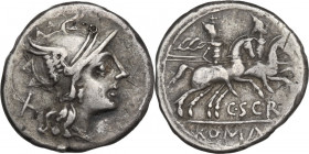 C. Scribonius. AR Denarius, 154 BC. Obv. Helmeted head of Roma right; behind, X. Rev. The Dioscuri galloping right; below, C. SCR and ROMA in tablet. ...
