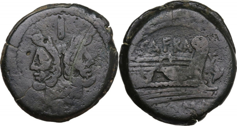 S. Afranius. AE As, 150 BC. Obv. Laureate head of Janus; above, mark of value I....