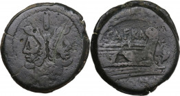 S. Afranius. AE As, 150 BC. Obv. Laureate head of Janus; above, mark of value I. Rev. Prow right; above, SAFRA; before, dolphin downwards; below, ROMA...