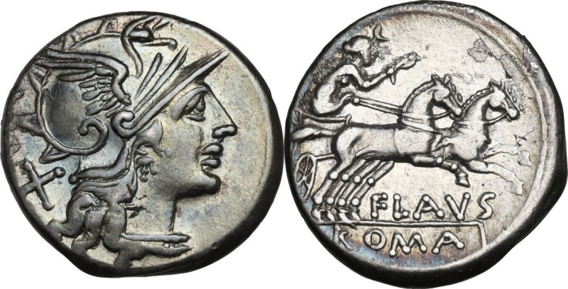 Decimius Flavus. AR Denarius, 150 BC. Obv. Helmeted head of Roma right; behind, ...