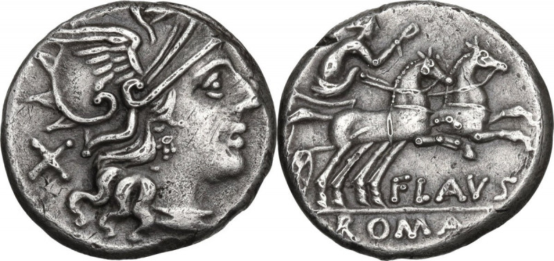 Decimius Flavus. AR Denarius, 150 BC. Obv. Helmeted head of Roma right; behind, ...