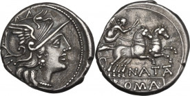 Pinarius Natta. AR Denarius, 149 BC. Obv. Helmeted head of Roma right; behind, X. Rev. Victory in biga right; below horses, NATTA; (TA ligate); in exe...