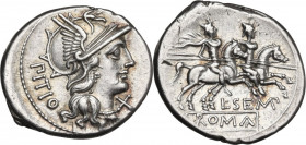 L. Sempronius Pitio. AR Denarius, 148 BC. Obv. Helmeted head of Roma right; behind, PITIO; before, X. Rev. The Dioscuri galloping right; below, L.SEMP...