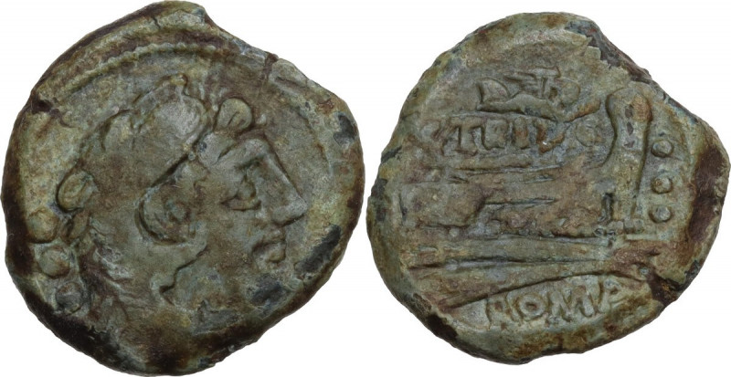 C. Terentius Lucanus. AE Quadrans, 147 BC. Obv. Head of Hercules right, wearing ...