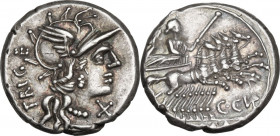 C. Curiatius Trigeminus. AR Denarius, 142 BC. Obv. Helmeted head of Roma right; behind, TRIGE; before, X. Rev. Juno in quadriga right being crowned by...