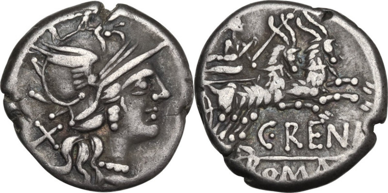 C. Renius. AR Denarius, 138 BC. Obv. Helmeted head of Roma right, X behind. Rev....