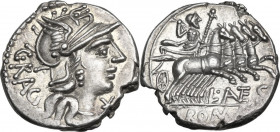 L. Antestius Gragulus. AR Denarius, 136 BC. Obv. Helmeted head of Roma right; below chin, XVI monogram; behind, GRAG. Rev. Jupiter in fast quadriga ri...