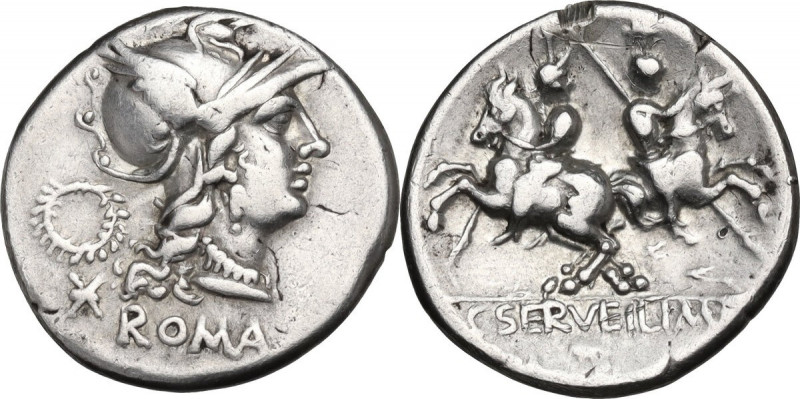 C. Servilius M.f. AR Denarius, 136 BC. Obv. Helmeted head of Roma right; behind,...