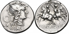 C. Servilius M.f. AR Denarius, 136 BC. Obv. Helmeted head of Roma right; behind, wreath; below, XVI monogram and ROMA. Rev. The Dioscuri galloping in ...