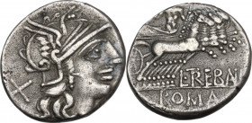 L. Trebanius. AR Denarius, 135 BC. Obv. Helmeted head of Roma right; behind, X. Rev. Jupiter in quadriga right, holding reins and sceptre and hurling ...
