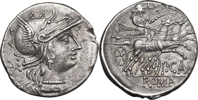 Publius Calpurnius. AR Denarius, 133 BC. Obv. Helmeted head of Roma right; X beh...