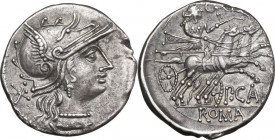 Publius Calpurnius. AR Denarius, 133 BC. Obv. Helmeted head of Roma right; X behind. Rev. Venus in biga right, crowned by Victory who flies above; sta...