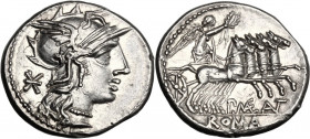 P. Maenius Antiaticus M. f. AR Denarius, 132 BC. Obv. Helmeted head of Roma right; behind, XVI monogram. Rev. Victory in quadriga right, holding reins...