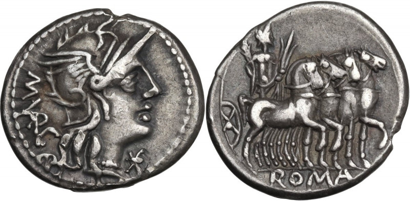 M. Vargunteius. AR Denarius, 130 BC. Obv. Helmeted head of Roma right, M. VARG b...