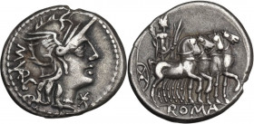 M. Vargunteius. AR Denarius, 130 BC. Obv. Helmeted head of Roma right, M. VARG behind, XVI monogram below chin. Rev. Jupiter in walking quadriga right...