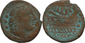 M. Vargunteius. AE Quadrans, 130 BC. Obv. Head of Hercules right, wearing lion’s skin; three pellets behind. Rev. Prow right; [M] VARVG (sic) above; t...