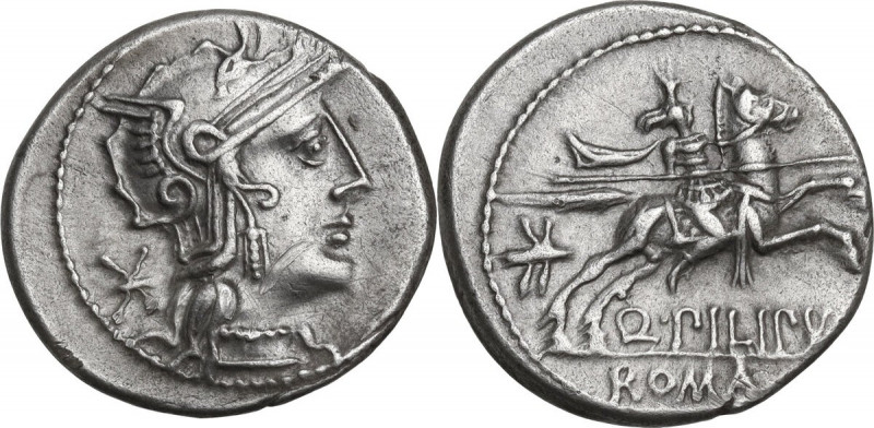 Q. Philippus. AR Denarius, 129 BC. Obv. Helmeted head of Roma right; behind, XVI...