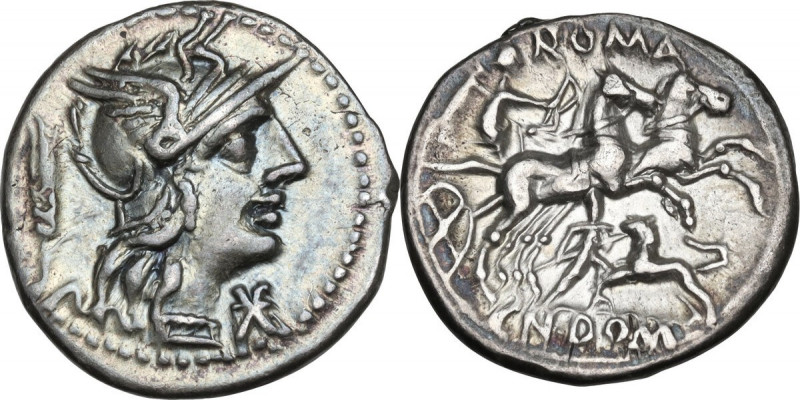 Cn. Domitius Ahenobarbus. AR Denarius, 128 BC. Obv. Helmeted head of Roma right;...