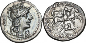 Cn. Domitius Ahenobarbus. AR Denarius, 128 BC. Obv. Helmeted head of Roma right; behind, corn-ear; before, XVI monogram. Rev. Victory in biga right, h...