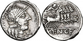 M. Fannius C.f. AR Denarius, 123 BC. Obv. Helmeted head of Roma right; behind, ROMA; before, X. Rev. Victory in quadriga right, holding reins and wrea...
