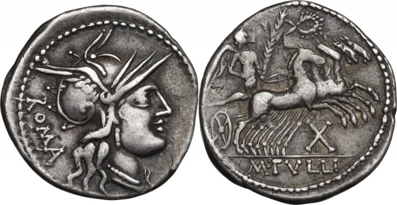 M. Tullius. AR Denarius, 120 BC. Obv. Helmeted head of Roma right, ROMA behind. ...
