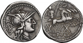 M. Tullius. AR Denarius, 120 BC. Obv. Helmeted head of Roma right, ROMA behind. Rev. Victory in quadriga right; below horses, X; in exergue, M. TVLLI....