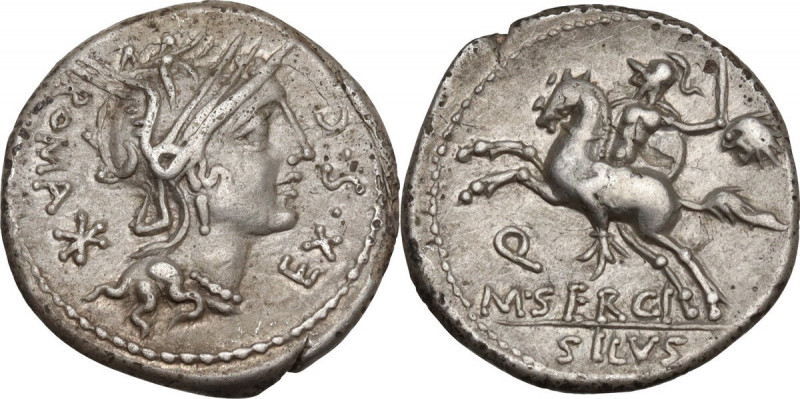 M. Sergius Silus. AR Denarius, 116-115 BC. Obv. Helmeted head of Roma right; bef...