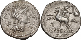 M. Sergius Silus. AR Denarius, 116-115 BC. Obv. Helmeted head of Roma right; before, EX. S.C; behind, ROMA and XVI monogram. Rev. Horseman left, holdi...