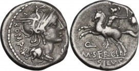 M. Sergius Silus. AR Denarius, 116-115 BC. Obv. Helmeted head of Roma right; before, [EX. S.C]; behind, ROMA and XVI monogram. Rev. Horseman left, hol...